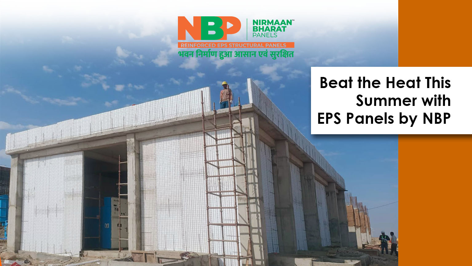 Modern EPS panel building under construction with thermally insulated walls for summer heat protection.