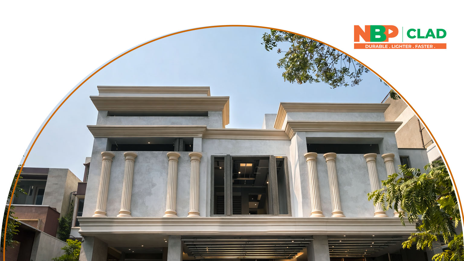NB Clad decorative façade cladding and moulding on a luxury modern villa with classical columns and architectural cornices
