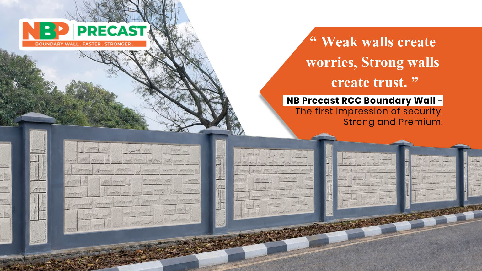 NB Precast RCC Boundary Wall with premium stone finish panels offering strong, durable, and fast-installation precast concrete boundary solution.