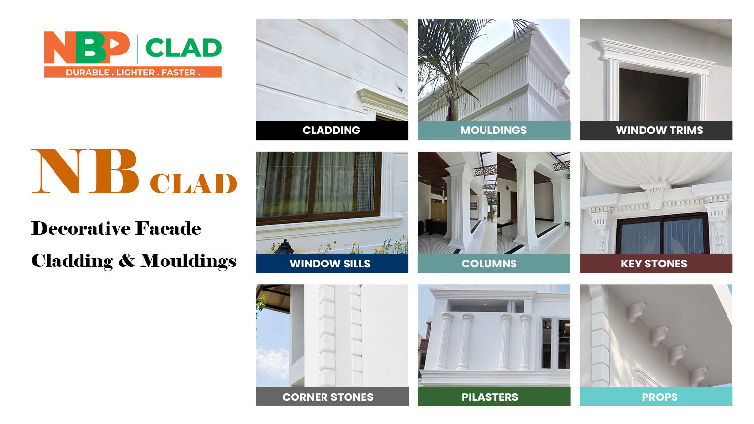 NB CLAD decorative cornice, façade cladding, mouldings, window trims, columns, pilasters, corner stones and architectural exterior products for luxury building elevations.