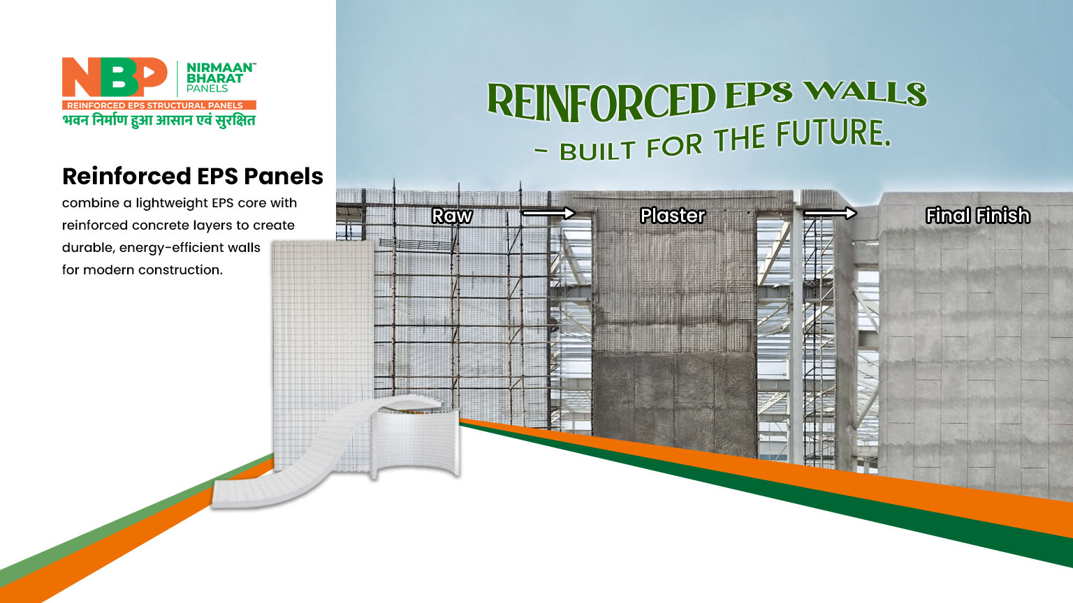 Reinforced EPS panels in Indore showing raw EPS wall, plastered wall and final finished wall construction