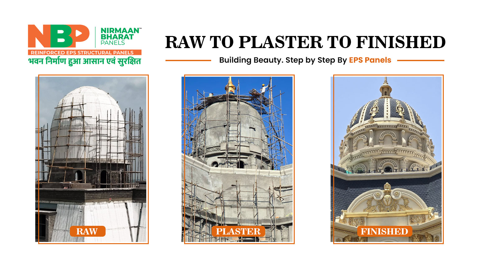 Reinforced Thermal Insulated EPS Panels showing the construction process from raw EPS panel installation to plastered structure and premium finished architectural dome.