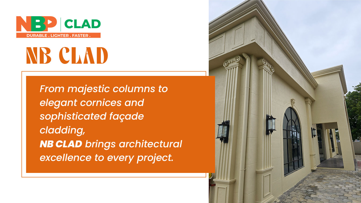 NB CLAD decorative façade cladding with architectural cornice and moulding on building exterior