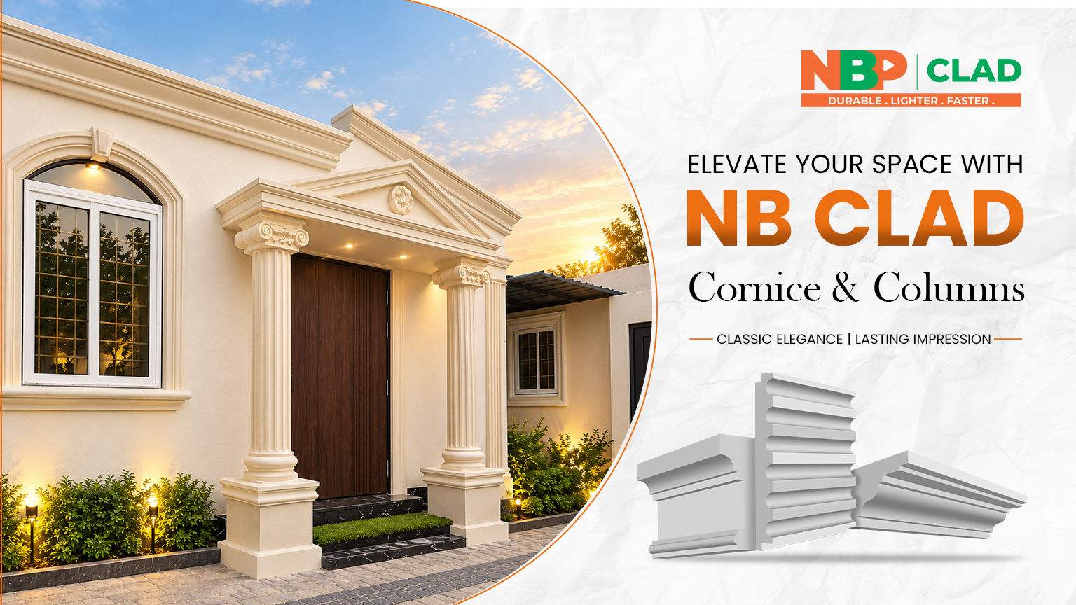 NB Clad decorative cornice and columns enhancing a premium home entrance façade