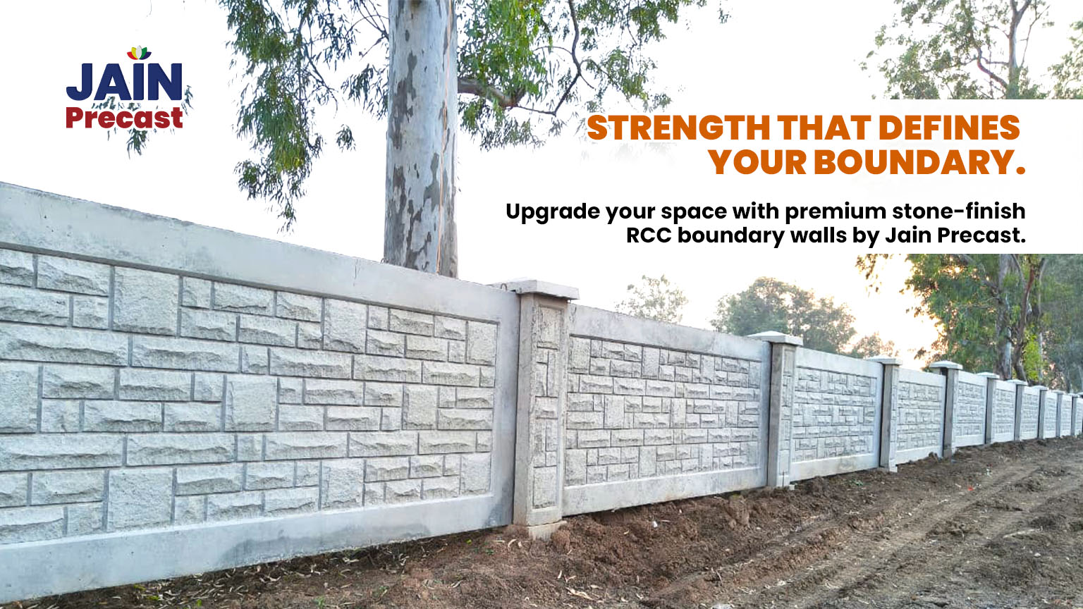 Premium stone-finish RCC precast boundary wall by Jain Precast in Indore and NB Precast in Ahmedabad